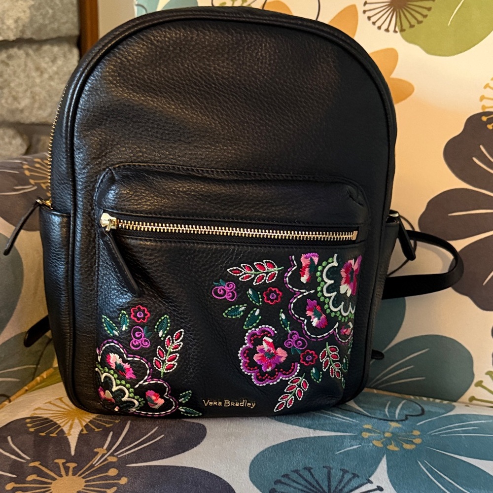 Vera Bradley Black Leather Backpack with Pink Floral Embroidery